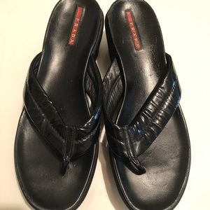 Prada Leather Thong Wedge Sandals (Authentic)